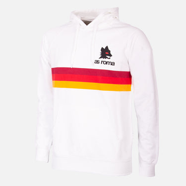 Front view of the AS Roma Stripes Hooded Sweater featuring a white base with red, orange, and yellow horizontal stripes and AS Roma logo on the chest
