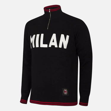 AC Milan 1960s embroidery half zip sweater front view in black with Milan lettering