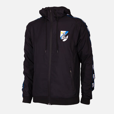 Black Inter Milan windbreaker with hood, full-zip front, and embroidered retro club crest on the chest
