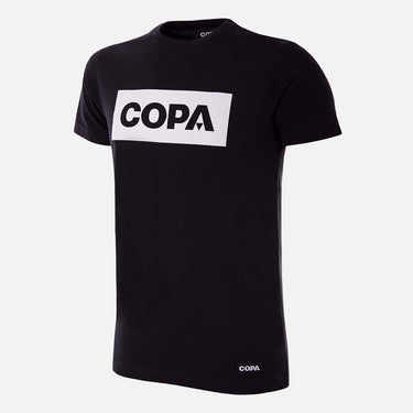 Flat-lay of the COPA Box Logo T-Shirt, featuring a bold white COPA logo on a black background.