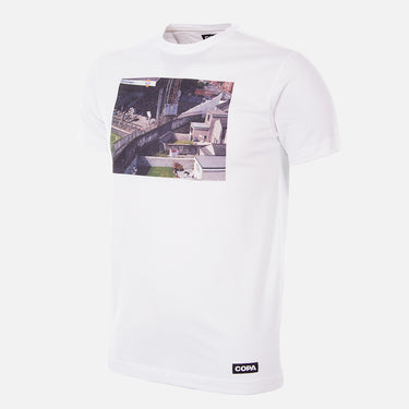 Flat-lay of the Homes of Football Swansea City T-Shirt, featuring a white base with a printed historical stadium image on the front.