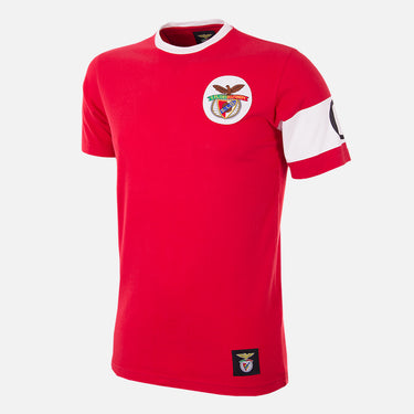 SL Benfica Retro Captain T-Shirt, a red short-sleeve shirt with a white collar, Benfica crest, and a classic captain's armband.