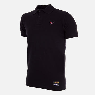 Front view of black Panini Rovesciata polo shirt with embroidered overhead kick graphic on chest