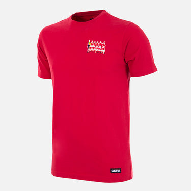 Flat lay of the Denmark 1992 European Champions Embroidery T-Shirt, featuring a red base with embroidered team artwork.