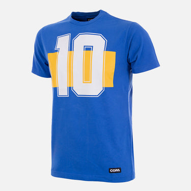 Flat lay of the Boca Number 10 T-Shirt, featuring a bold blue and yellow design with a large "10" on the front.