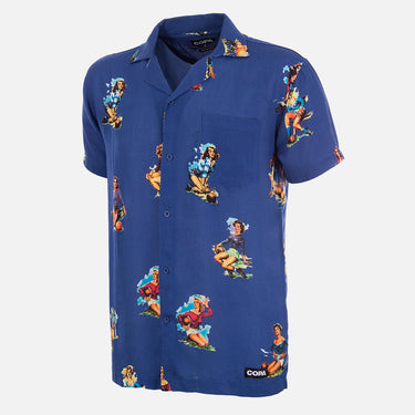 Flat lay of the Calcio Donna Camp Collar Shirt in vibrant blue, featuring vintage-style football illustrations.