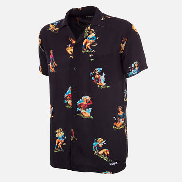 Front view of the Calcio Donna Camp Collar Shirt, featuring an all-over football-inspired pin-up print.