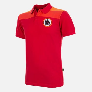 Front view of red AS Roma Home Polo with orange and yellow shoulder stripes