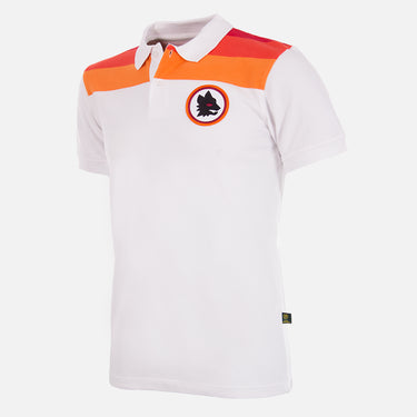 Front view of white AS Roma Away polo shirt with orange and red shoulder panels and embroidered club crest