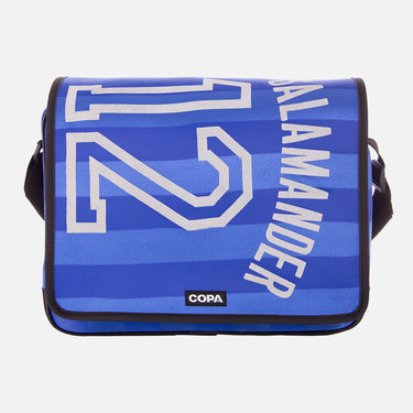 Front view of blue Recycled Courier Bag featuring bold white number 12 and SALAMANDER text.