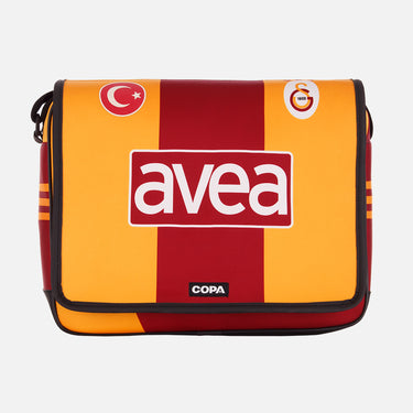 Front view of red and yellow Recycled Courier Bag with "avea" logo and COPA branding.