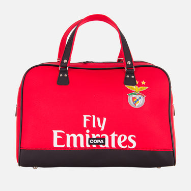 Flat-lay of the black Recycled Football Bag made from a Benfica football shirt with Emirates Fly Better sponsor.