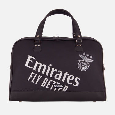 Flat-lay of the black Recycled Football Bag made from a Benfica football shirt with Emirates Fly Better sponsor.
