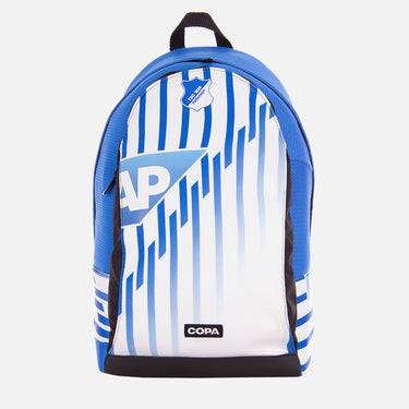 Front view of the Hoffenheim recycled backpack made from a classic football shirt