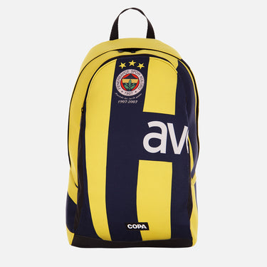 Front view of the Fenerbahçe recycled backpack made from a classic football shirt