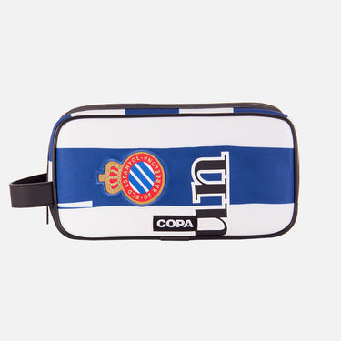 Front view of the recycled toiletry bag featuring a repurposed football shirt with a Espanyol badge and COPA logo