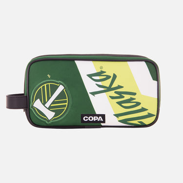 Front view of the recycled toiletry bag featuring a repurposed football shirt with a Portland Timbers badge and COPA logo