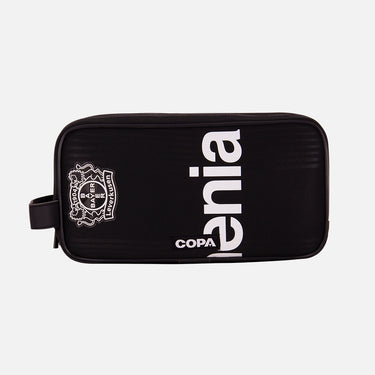 Front view of the recycled toiletry bag featuring a repurposed football shirt with a Bayer Leverkusen badge and COPA logo