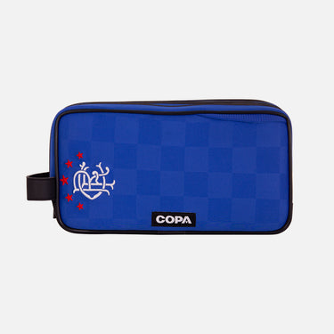 Front view of the recycled toiletry bag featuring a repurposed football shirt with a Rangers badge and COPA logo