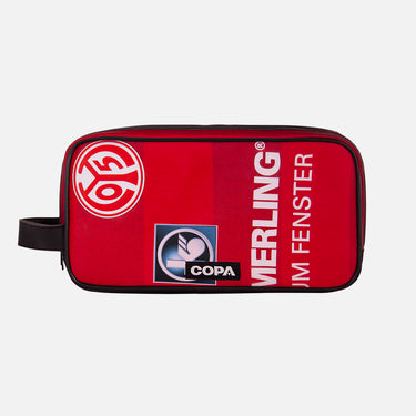 Front view of the recycled toiletry bag featuring a repurposed football shirt with a Mainz badge and COPA logo