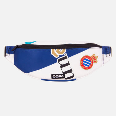 Front view of the recycled fanny pack featuring a repurposed football shirt with a Espanyol badge and COPA logo
