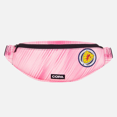 Front view of the recycled fanny pack featuring a repurposed football shirt with a Scotland badge and COPA logo