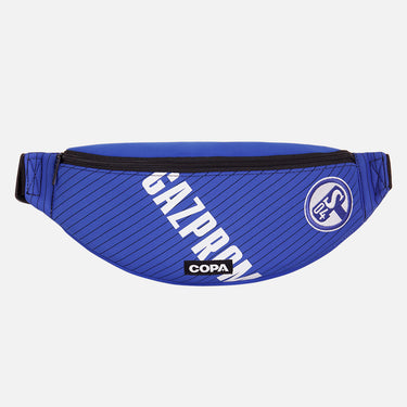 Front view of the recycled fanny pack featuring a repurposed football shirt with a Schalke 04 badge and COPA logo