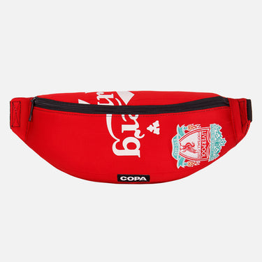 Front view of the recycled fanny pack featuring a repurposed football shirt with a Liverpool badge and COPA logo
