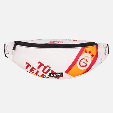 Front view of the recycled fanny pack featuring a repurposed football shirt with a Galatasaray badge and COPA logo