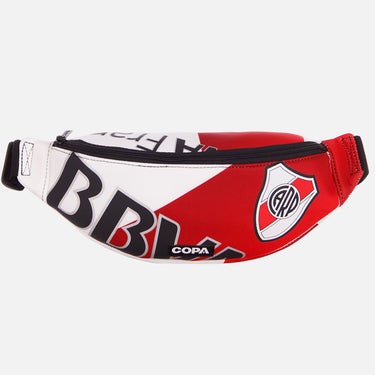 Front view of the recycled fanny pack featuring a repurposed football shirt with a River Plate badge and COPA logo
