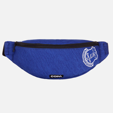 Front view of the recycled fanny pack featuring a repurposed football shirt with a Everton badge and COPA logo