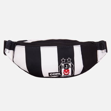Front view of the recycled fanny pack featuring a repurposed football shirt with a Besiktas badge and COPA logo