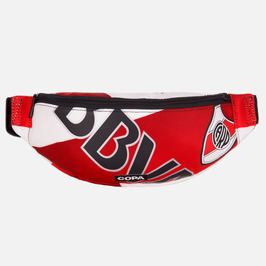 Front view of the recycled fanny pack featuring a repurposed football shirt with a River Plate badge and COPA logo