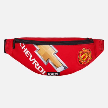 Front view of the recycled fanny pack featuring a repurposed football shirt with a Manchester United badge and COPA logo