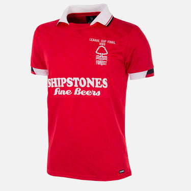 Flat lay of the Nottingham Forest 1988 - 89 Retro Football Shirt, featuring a red design with white accents.