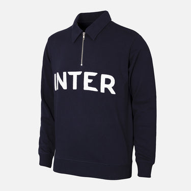 Navy blue Inter Milan retro quarter-zip sweatshirt with white "INTER" text across the chest