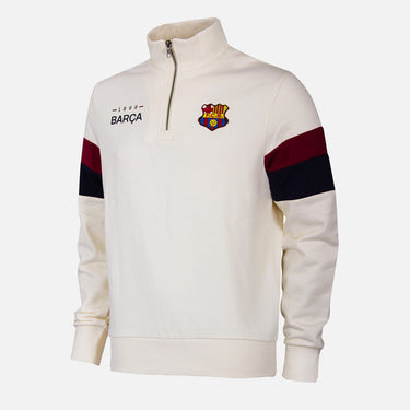 FC Barcelona 1899 Ecru Half Zip Sweater with retro crest and maroon-navy sleeve stripes