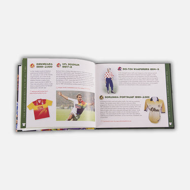 Interior spread showing illustrated worst football kits with descriptions