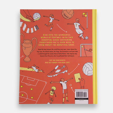 Open spread showing bold red page with football objects and orange page titled 'How to Celebrate a Goal'