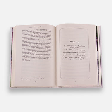 Open book spread showing text and images from football history
