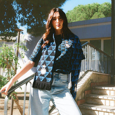 FC Internazionale all over scarf worn by model lifestyle shot
