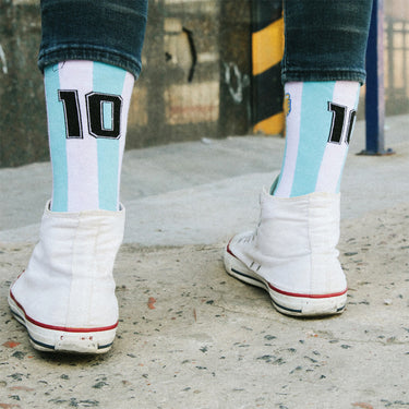 model wearing casual blue white socks football team argentine with number 10