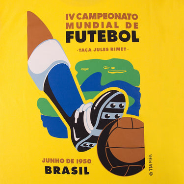 Close-up of the 1950 World Cup poster print, showcasing a football boot kicking a ball with iconic tournament typography.