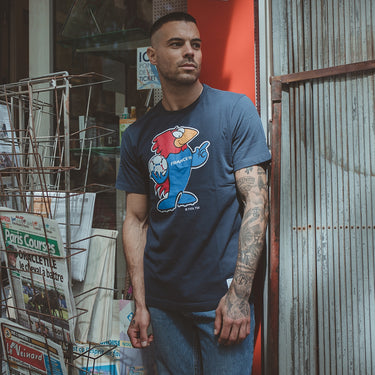 Model wearing the France 1998 World Cup Footix Mascot T-Shirt, showcasing the fit and style.