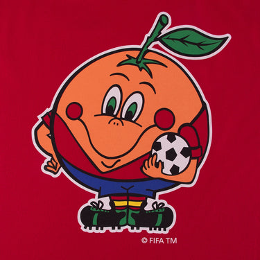 Close-up of Naranjito Mascot printed on the t-shirt, showcasing its cheerful expression and retro football design.