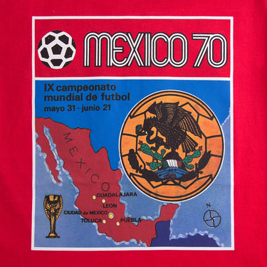 Close-up of the Mexico 70 graphic print on the Panini FIFA Mexico 1970 World Cup T-shirt.