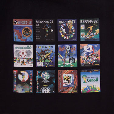 Close-up of the sticker collage print, displaying a grid of vintage Panini FIFA World Cup album covers from different tournaments.