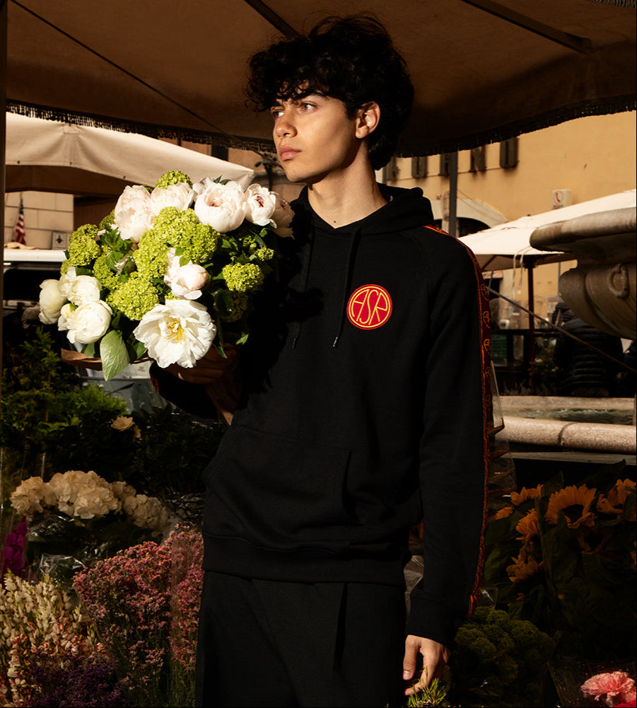 Model wearing the AS Roma Black Taper Hooded Sweater