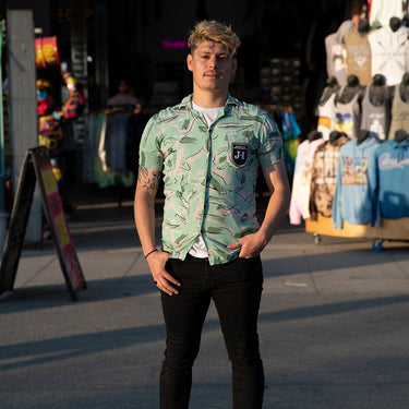 Model wearing the Hopper Camp Collar Shirt in an outdoor setting.