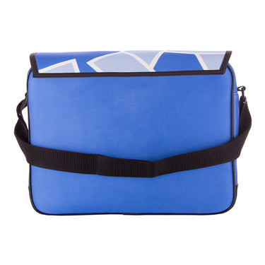 Back view of the bag showing solid blue with black strap detailing.